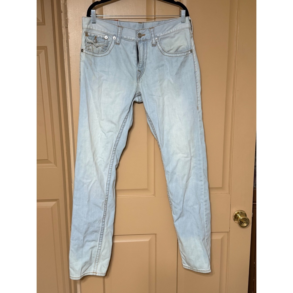 True Religion Section Skinny Jeans Light Wash Blue Denim Size 34 Flap Pocket